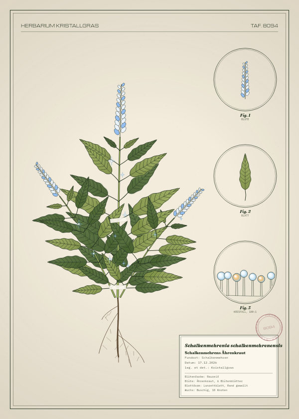 Botanische Tafel: Schalkenmehrenia schalkenmehrenensis, eine erfundene Pflanze aus Schalkenmehren, gezeichnet wie in einem alten Pflanzenatlas