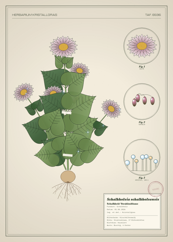 Botanische Tafel: Schalkholzia schalkholzensis, eine erfundene Pflanze aus Schalkholz, gezeichnet wie in einem alten Pflanzenatlas