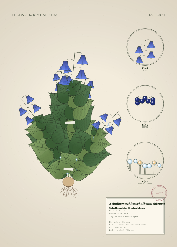 Botanische Tafel: Schalksmuehlia schalksmuehlensis, eine erfundene Pflanze aus Schalksmühle, gezeichnet wie in einem alten Pflanzenatlas