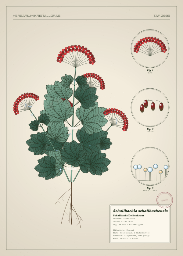 Botanische Tafel: Schallbachia schallbachensis, eine erfundene Pflanze aus Schallbach, gezeichnet wie in einem alten Pflanzenatlas