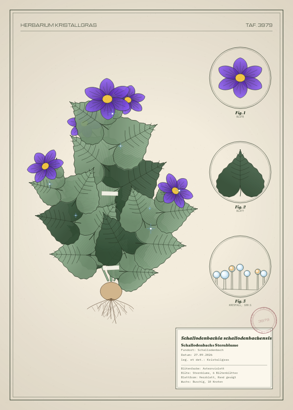 Botanische Tafel: Schallodenbachia schallodenbachensis, eine erfundene Pflanze aus Schallodenbach, gezeichnet wie in einem alten Pflanzenatlas
