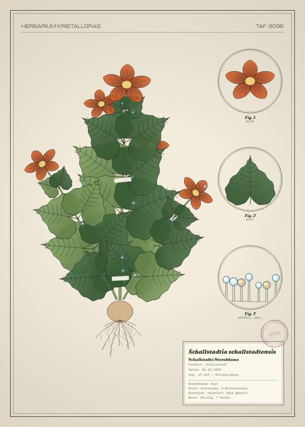 Botanische Tafel: Schallstadtia schallstadtensis, eine erfundene Pflanze aus Schallstadt, gezeichnet wie in einem alten Pflanzenatlas