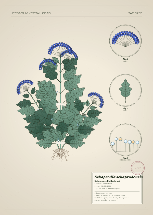 Botanische Tafel: Schaprodia schaprodensis, eine erfundene Pflanze aus Schaprode, gezeichnet wie in einem alten Pflanzenatlas