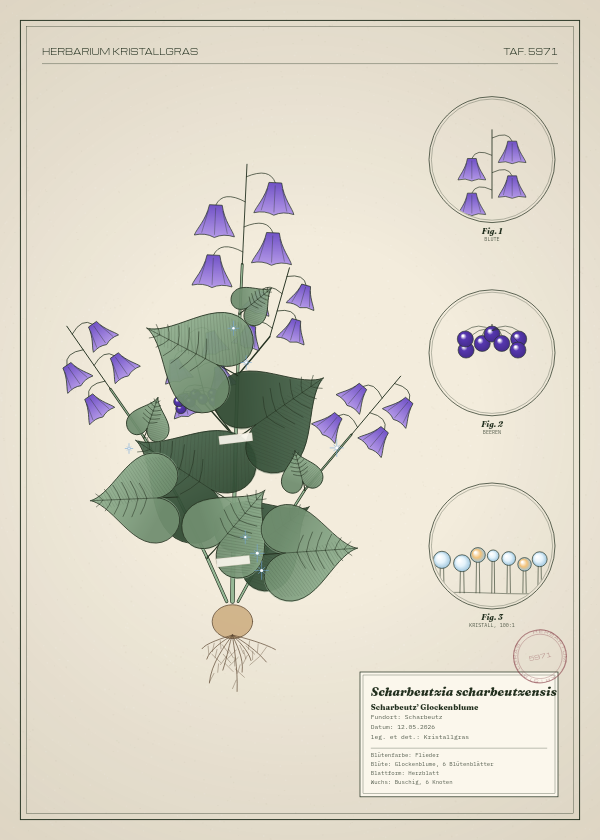 Botanische Tafel: Scharbeutzia scharbeutzensis, eine erfundene Pflanze aus Scharbeutz, gezeichnet wie in einem alten Pflanzenatlas