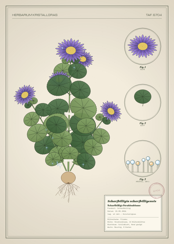 Botanische Tafel: Scharfbilligia scharfbilligensis, eine erfundene Pflanze aus Scharfbillig, gezeichnet wie in einem alten Pflanzenatlas
