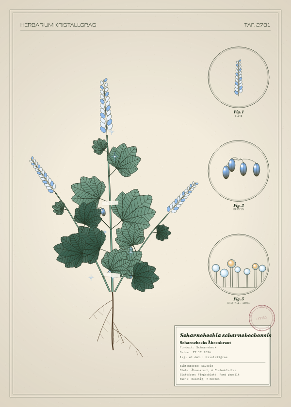 Botanische Tafel: Scharnebeckia scharnebeckensis, eine erfundene Pflanze aus Scharnebeck, gezeichnet wie in einem alten Pflanzenatlas
