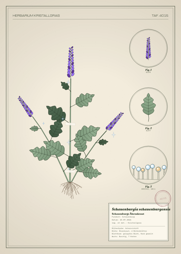 Botanische Tafel: Schauenburgia schauenburgensis, eine erfundene Pflanze aus Schauenburg, gezeichnet wie in einem alten Pflanzenatlas