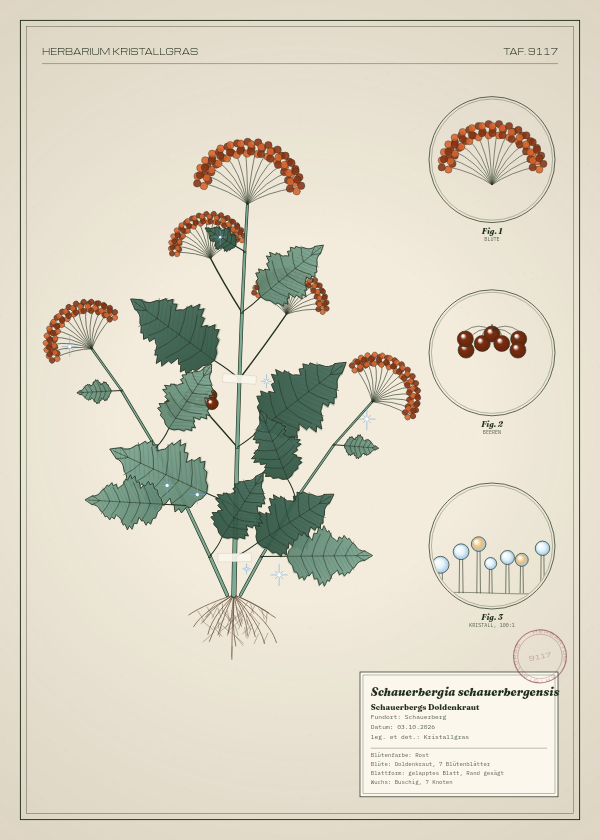 Botanische Tafel: Schauerbergia schauerbergensis, eine erfundene Pflanze aus Schauerberg, gezeichnet wie in einem alten Pflanzenatlas