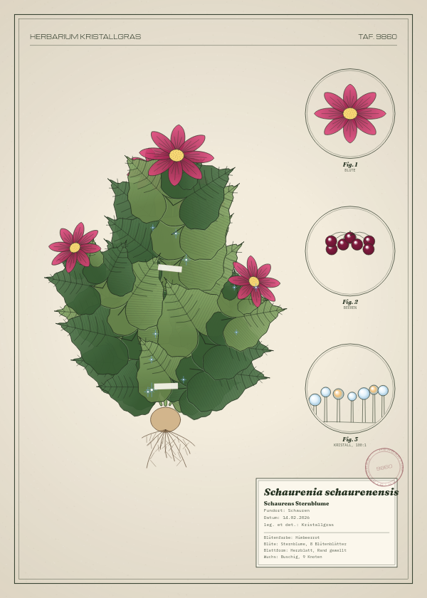 Botanische Tafel: Schaurenia schaurenensis, eine erfundene Pflanze aus Schauren, gezeichnet wie in einem alten Pflanzenatlas