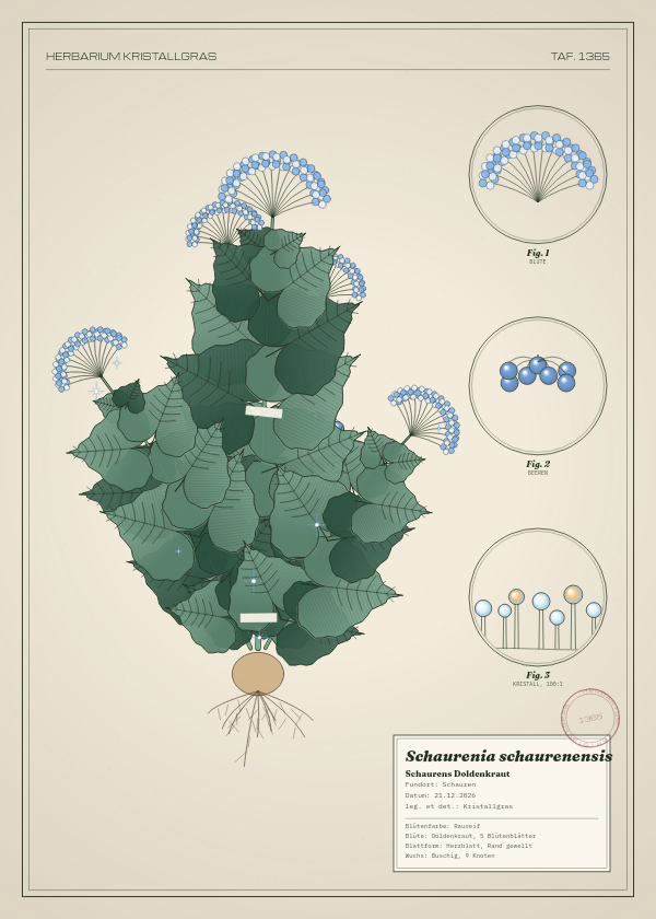 Botanische Tafel: Schaurenia schaurenensis, eine erfundene Pflanze aus Schauren, gezeichnet wie in einem alten Pflanzenatlas