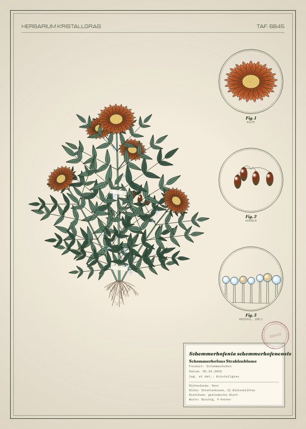 Botanische Tafel: Schemmerhofenia schemmerhofenensis, eine erfundene Pflanze aus Schemmerhofen, gezeichnet wie in einem alten Pflanzenatlas