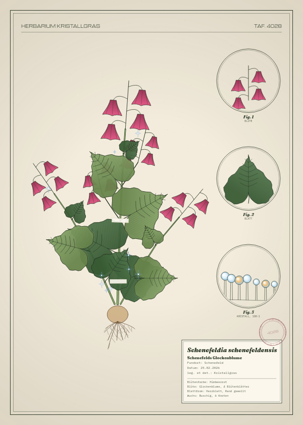 Botanische Tafel: Schenefeldia schenefeldensis, eine erfundene Pflanze aus Schenefeld, gezeichnet wie in einem alten Pflanzenatlas