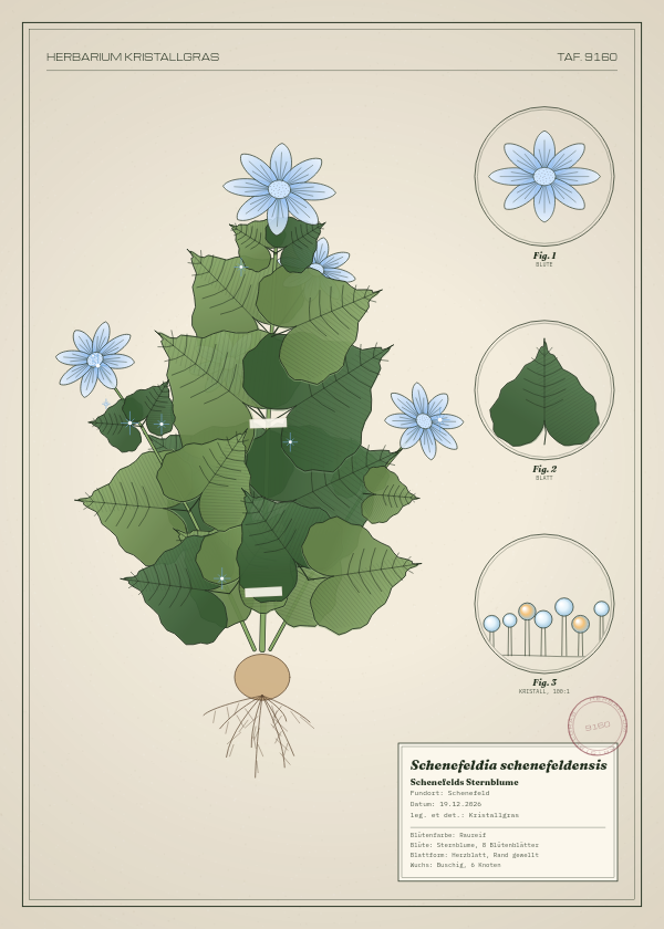 Botanische Tafel: Schenefeldia schenefeldensis, eine erfundene Pflanze aus Schenefeld, gezeichnet wie in einem alten Pflanzenatlas