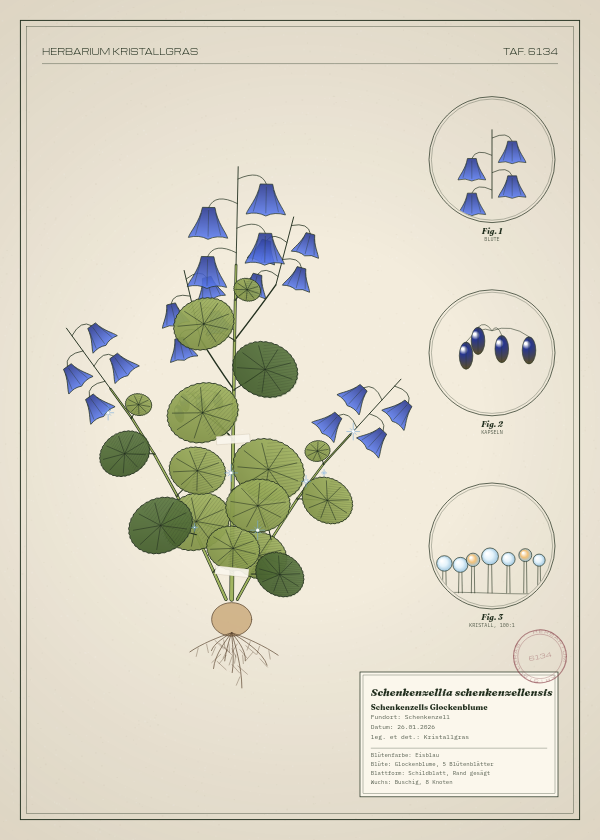 Botanische Tafel: Schenkenzellia schenkenzellensis, eine erfundene Pflanze aus Schenkenzell, gezeichnet wie in einem alten Pflanzenatlas