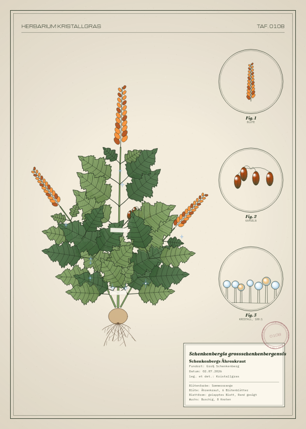 Botanische Tafel: Schenkenbergia grossschenkenbergensis, eine erfundene Pflanze aus Groß Schenkenberg, gezeichnet wie in einem alten Pflanzenatlas