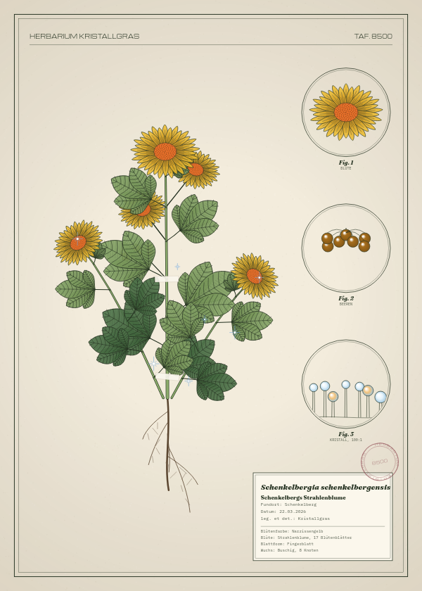 Botanische Tafel: Schenkelbergia schenkelbergensis, eine erfundene Pflanze aus Schenkelberg, gezeichnet wie in einem alten Pflanzenatlas