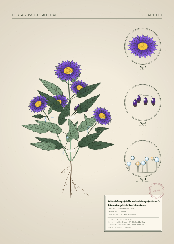 Botanische Tafel: Schenklengsfeldia schenklengsfeldensis, eine erfundene Pflanze aus Schenklengsfeld, gezeichnet wie in einem alten Pflanzenatlas