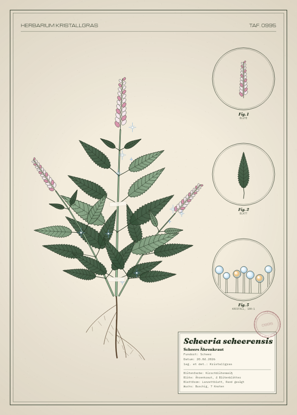Botanische Tafel: Scheeria scheerensis, eine erfundene Pflanze aus Scheer, gezeichnet wie in einem alten Pflanzenatlas