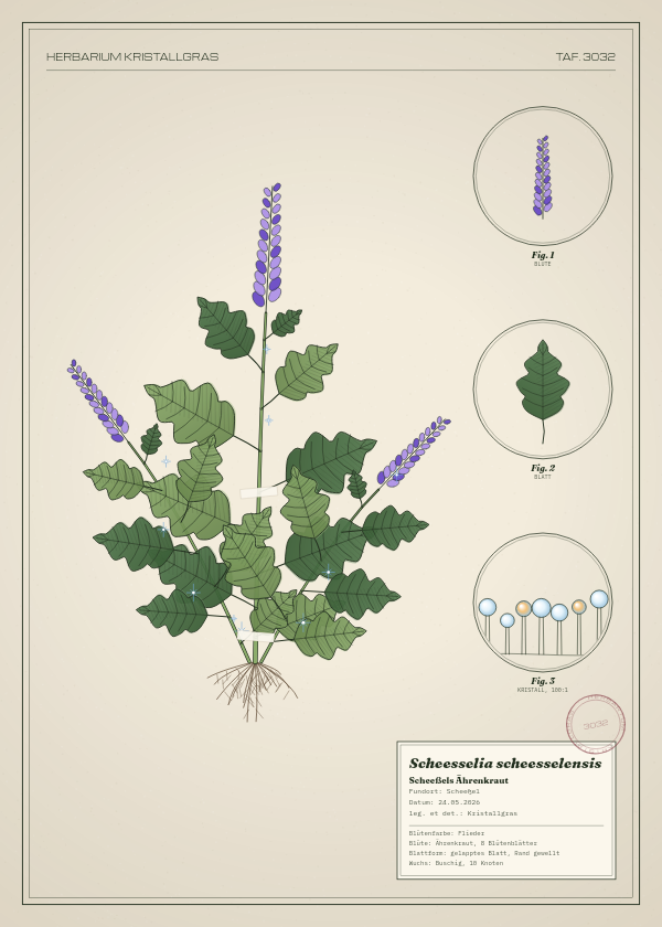 Botanische Tafel: Scheesselia scheesselensis, eine erfundene Pflanze aus Scheeßel, gezeichnet wie in einem alten Pflanzenatlas