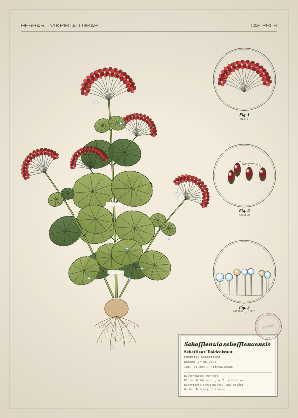 Botanische Tafel: Schefflenzia schefflenzensis, eine erfundene Pflanze aus Schefflenz, gezeichnet wie in einem alten Pflanzenatlas