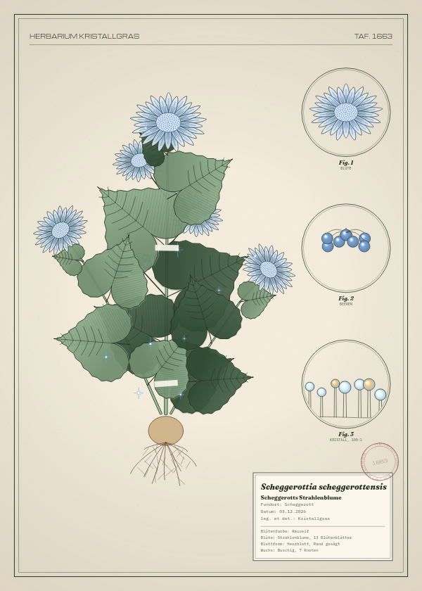 Botanische Tafel: Scheggerottia scheggerottensis, eine erfundene Pflanze aus Scheggerott, gezeichnet wie in einem alten Pflanzenatlas