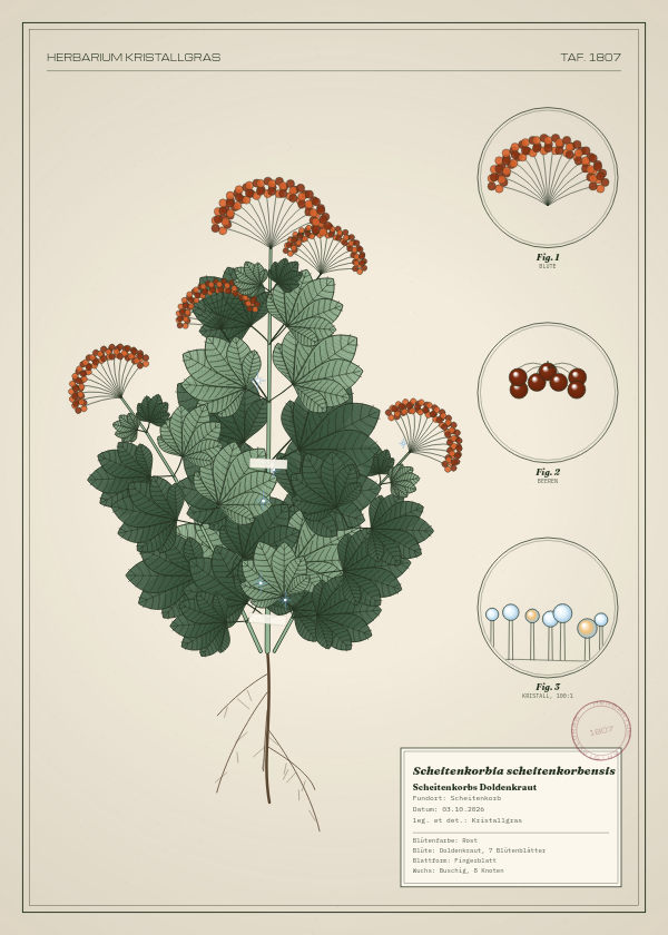 Botanische Tafel: Scheitenkorbia scheitenkorbensis, eine erfundene Pflanze aus Scheitenkorb, gezeichnet wie in einem alten Pflanzenatlas