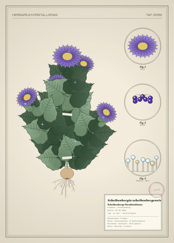 Botanische Tafel: Scheibenbergia scheibenbergensis, eine erfundene Pflanze aus Scheibenberg, gezeichnet wie in einem alten Pflanzenatlas