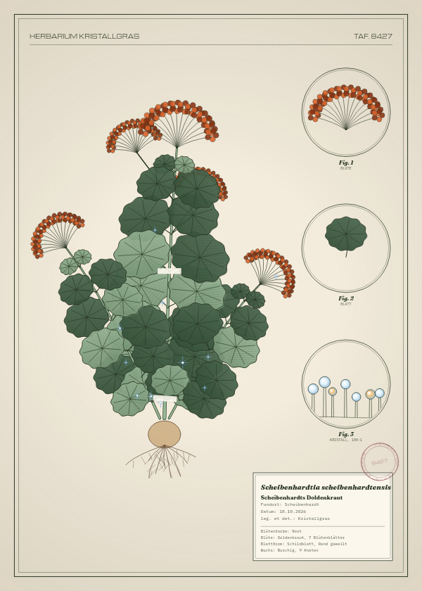 Botanische Tafel: Scheibenhardtia scheibenhardtensis, eine erfundene Pflanze aus Scheibenhardt, gezeichnet wie in einem alten Pflanzenatlas