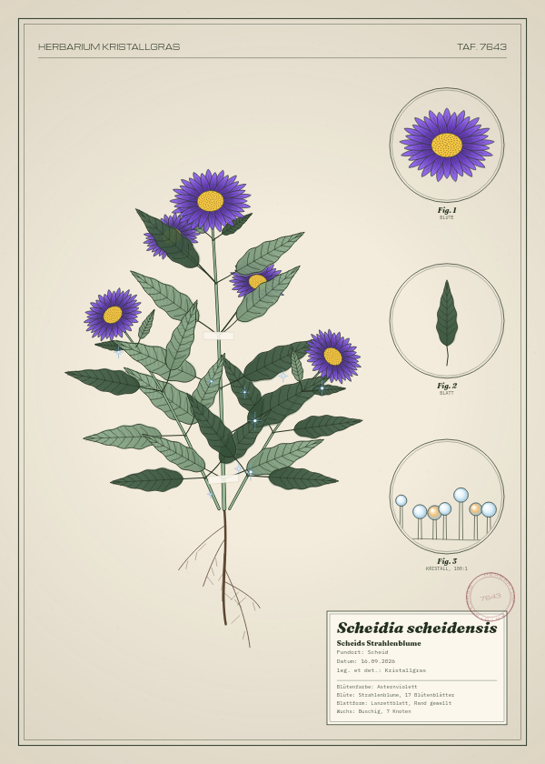 Botanische Tafel: Scheidia scheidensis, eine erfundene Pflanze aus Scheid, gezeichnet wie in einem alten Pflanzenatlas