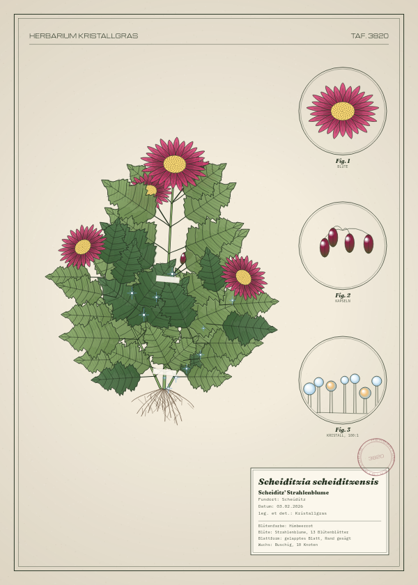 Botanische Tafel: Scheiditzia scheiditzensis, eine erfundene Pflanze aus Scheiditz, gezeichnet wie in einem alten Pflanzenatlas