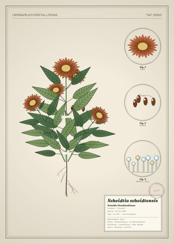 Botanische Tafel: Scheidtia scheidtensis, eine erfundene Pflanze aus Scheidt, gezeichnet wie in einem alten Pflanzenatlas