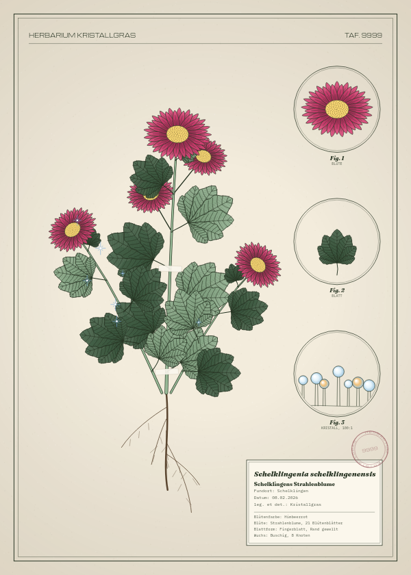 Botanische Tafel: Schelklingenia schelklingenensis, eine erfundene Pflanze aus Schelklingen, gezeichnet wie in einem alten Pflanzenatlas