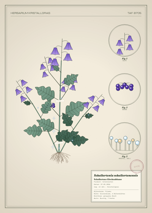 Botanische Tafel: Schellertenia schellertenensis, eine erfundene Pflanze aus Schellerten, gezeichnet wie in einem alten Pflanzenatlas