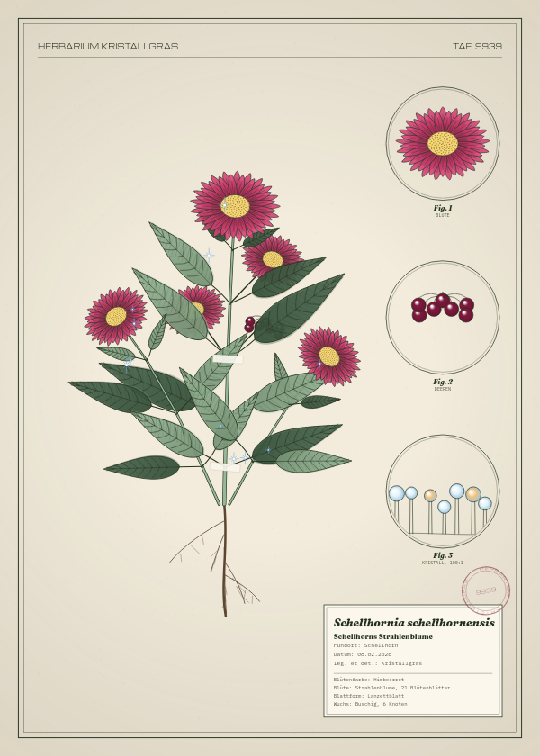 Botanische Tafel: Schellhornia schellhornensis, eine erfundene Pflanze aus Schellhorn, gezeichnet wie in einem alten Pflanzenatlas