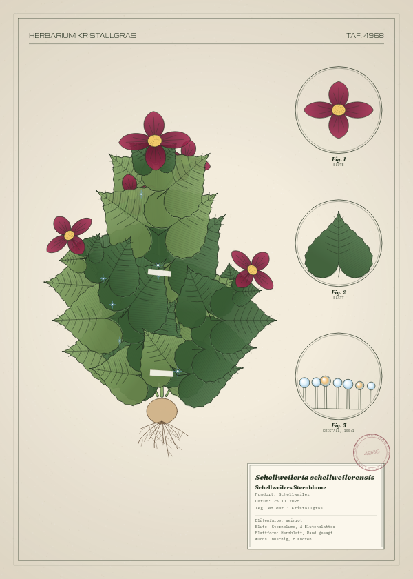 Botanische Tafel: Schellweileria schellweilerensis, eine erfundene Pflanze aus Schellweiler, gezeichnet wie in einem alten Pflanzenatlas