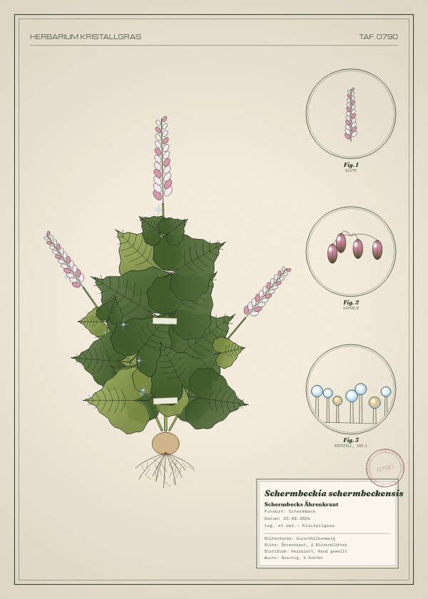 Botanische Tafel: Schermbeckia schermbeckensis, eine erfundene Pflanze aus Schermbeck, gezeichnet wie in einem alten Pflanzenatlas