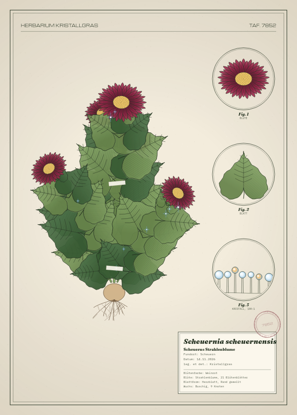 Botanische Tafel: Scheuernia scheuernensis, eine erfundene Pflanze aus Scheuern, gezeichnet wie in einem alten Pflanzenatlas