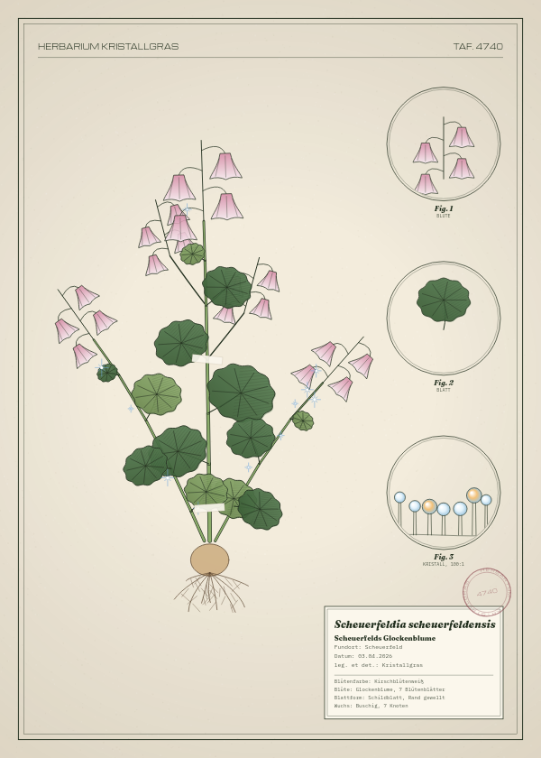 Botanische Tafel: Scheuerfeldia scheuerfeldensis, eine erfundene Pflanze aus Scheuerfeld, gezeichnet wie in einem alten Pflanzenatlas