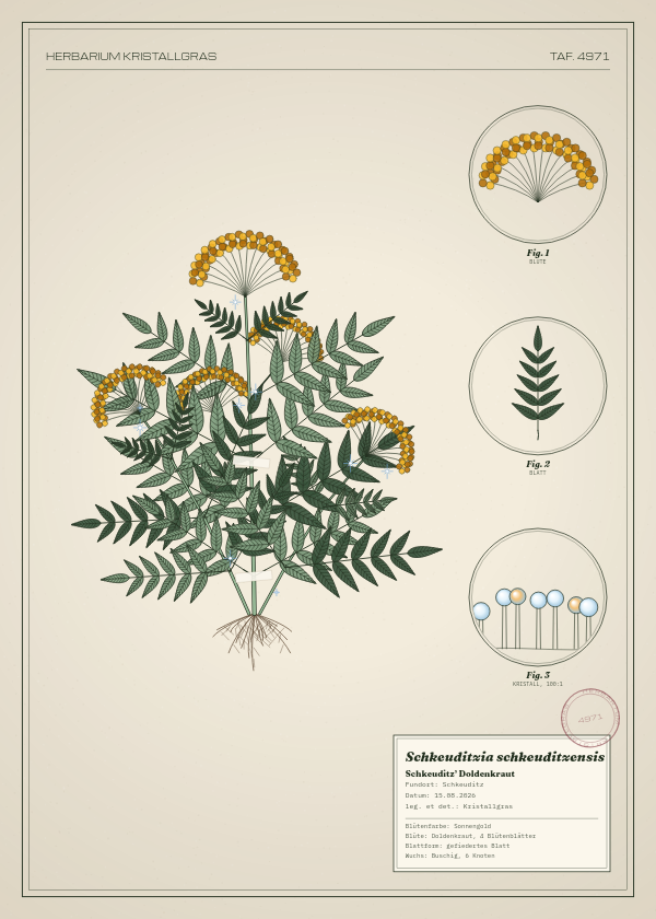 Botanische Tafel: Schkeuditzia schkeuditzensis, eine erfundene Pflanze aus Schkeuditz, gezeichnet wie in einem alten Pflanzenatlas