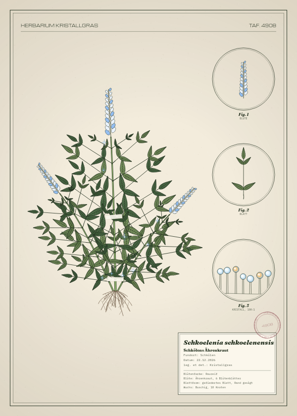 Botanische Tafel: Schkoelenia schkoelenensis, eine erfundene Pflanze aus Schkölen, gezeichnet wie in einem alten Pflanzenatlas