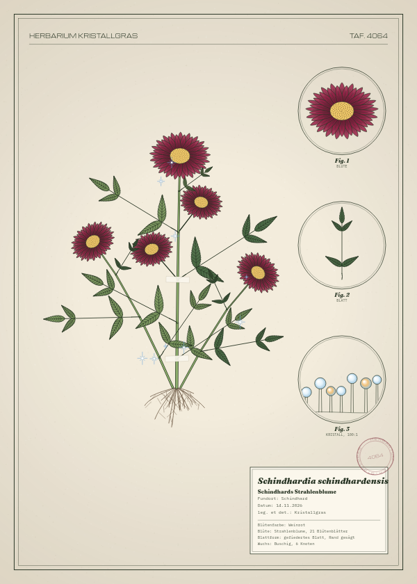 Botanische Tafel: Schindhardia schindhardensis, eine erfundene Pflanze aus Schindhard, gezeichnet wie in einem alten Pflanzenatlas