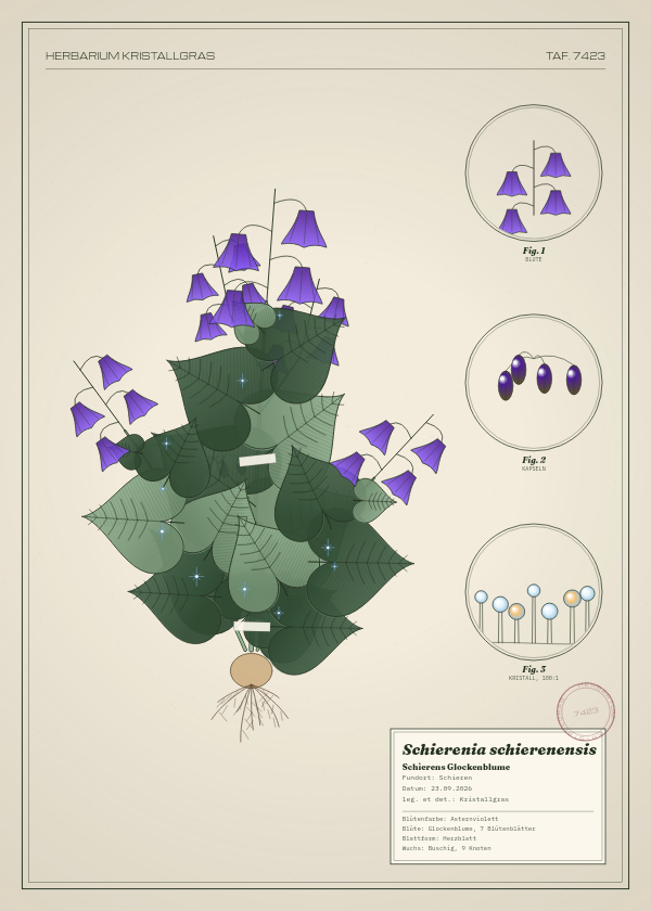 Botanische Tafel: Schierenia schierenensis, eine erfundene Pflanze aus Schieren, gezeichnet wie in einem alten Pflanzenatlas