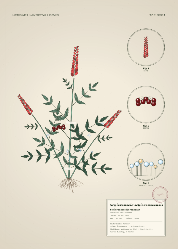 Botanische Tafel: Schierenseia schierenseensis, eine erfundene Pflanze aus Schierensee, gezeichnet wie in einem alten Pflanzenatlas