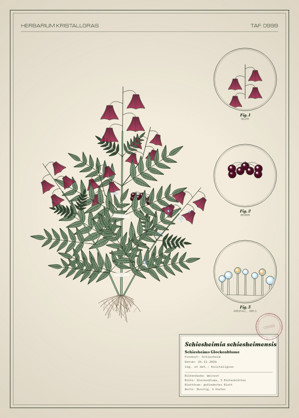 Botanische Tafel: Schiesheimia schiesheimensis, eine erfundene Pflanze aus Schiesheim, gezeichnet wie in einem alten Pflanzenatlas