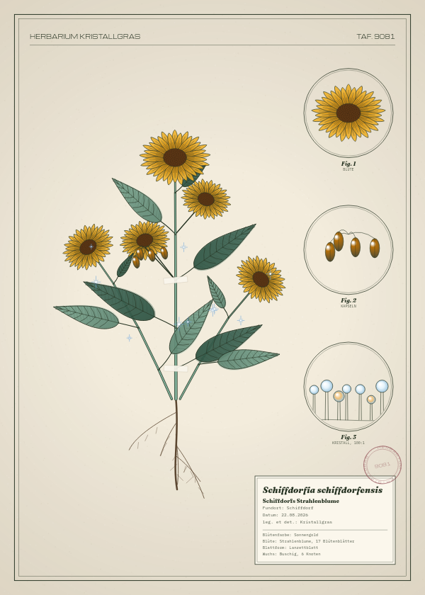 Botanische Tafel: Schiffdorfia schiffdorfensis, eine erfundene Pflanze aus Schiffdorf, gezeichnet wie in einem alten Pflanzenatlas