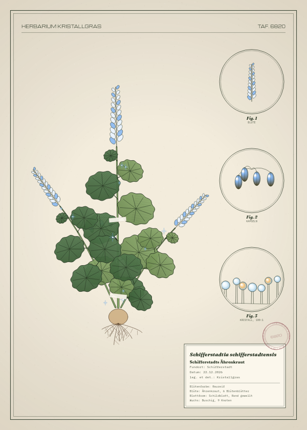 Botanische Tafel: Schifferstadtia schifferstadtensis, eine erfundene Pflanze aus Schifferstadt, gezeichnet wie in einem alten Pflanzenatlas