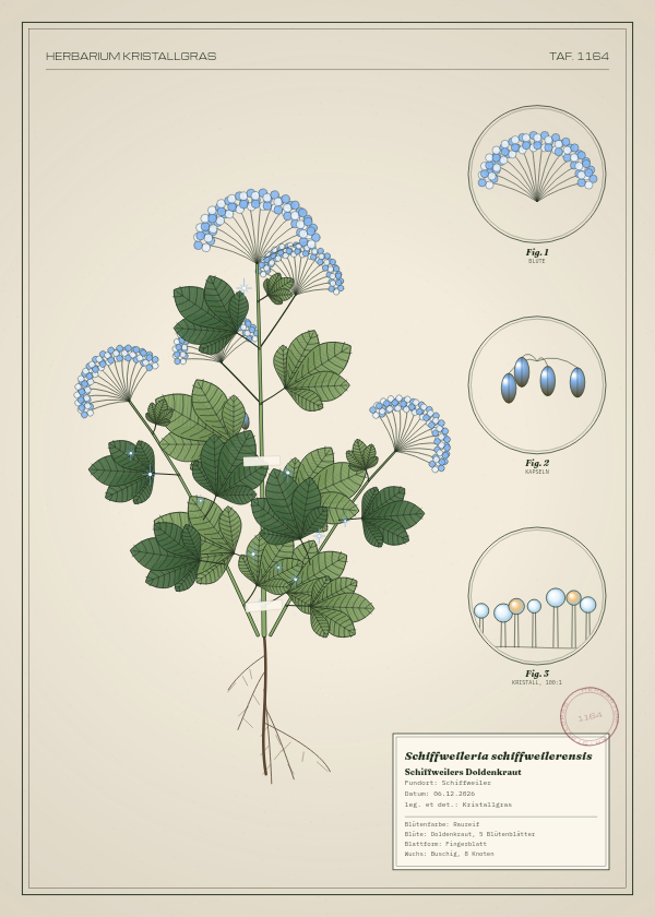 Botanische Tafel: Schiffweileria schiffweilerensis, eine erfundene Pflanze aus Schiffweiler, gezeichnet wie in einem alten Pflanzenatlas