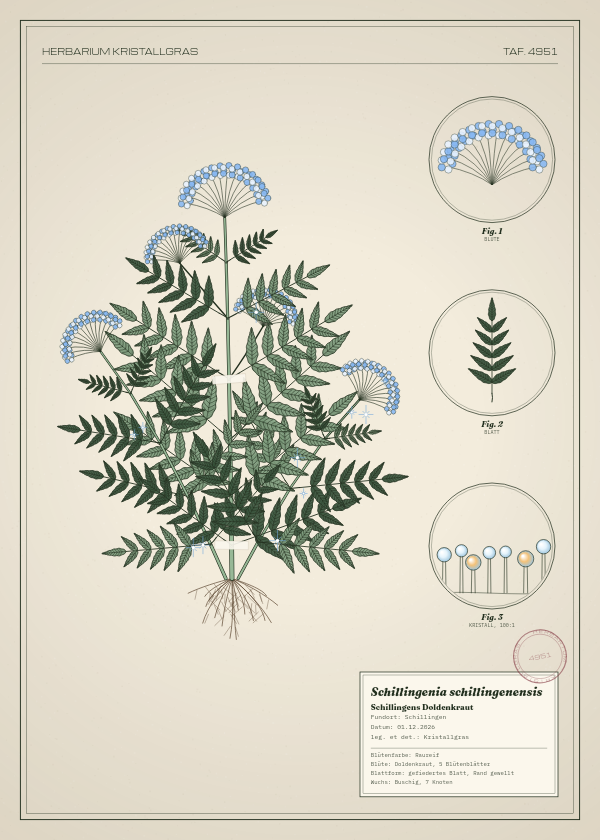 Botanische Tafel: Schillingenia schillingenensis, eine erfundene Pflanze aus Schillingen, gezeichnet wie in einem alten Pflanzenatlas