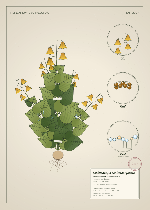 Botanische Tafel: Schillsdorfia schillsdorfensis, eine erfundene Pflanze aus Schillsdorf, gezeichnet wie in einem alten Pflanzenatlas