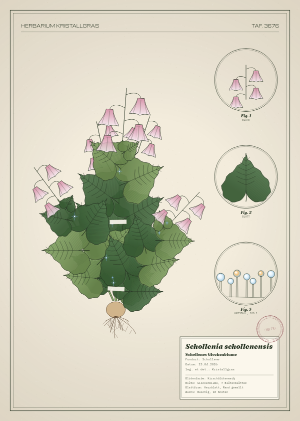 Botanische Tafel: Schollenia schollenensis, eine erfundene Pflanze aus Schollene, gezeichnet wie in einem alten Pflanzenatlas